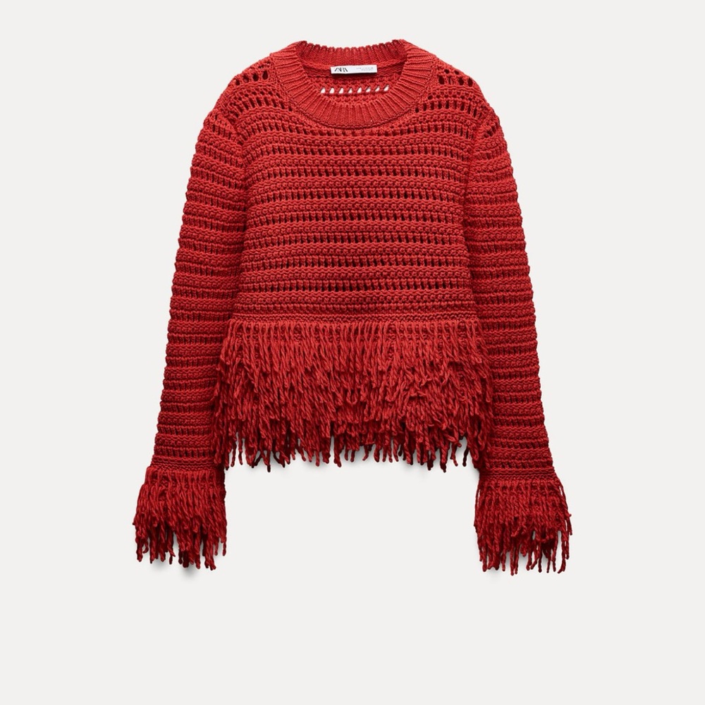 Zara round neck knit red sweater fringe detailing